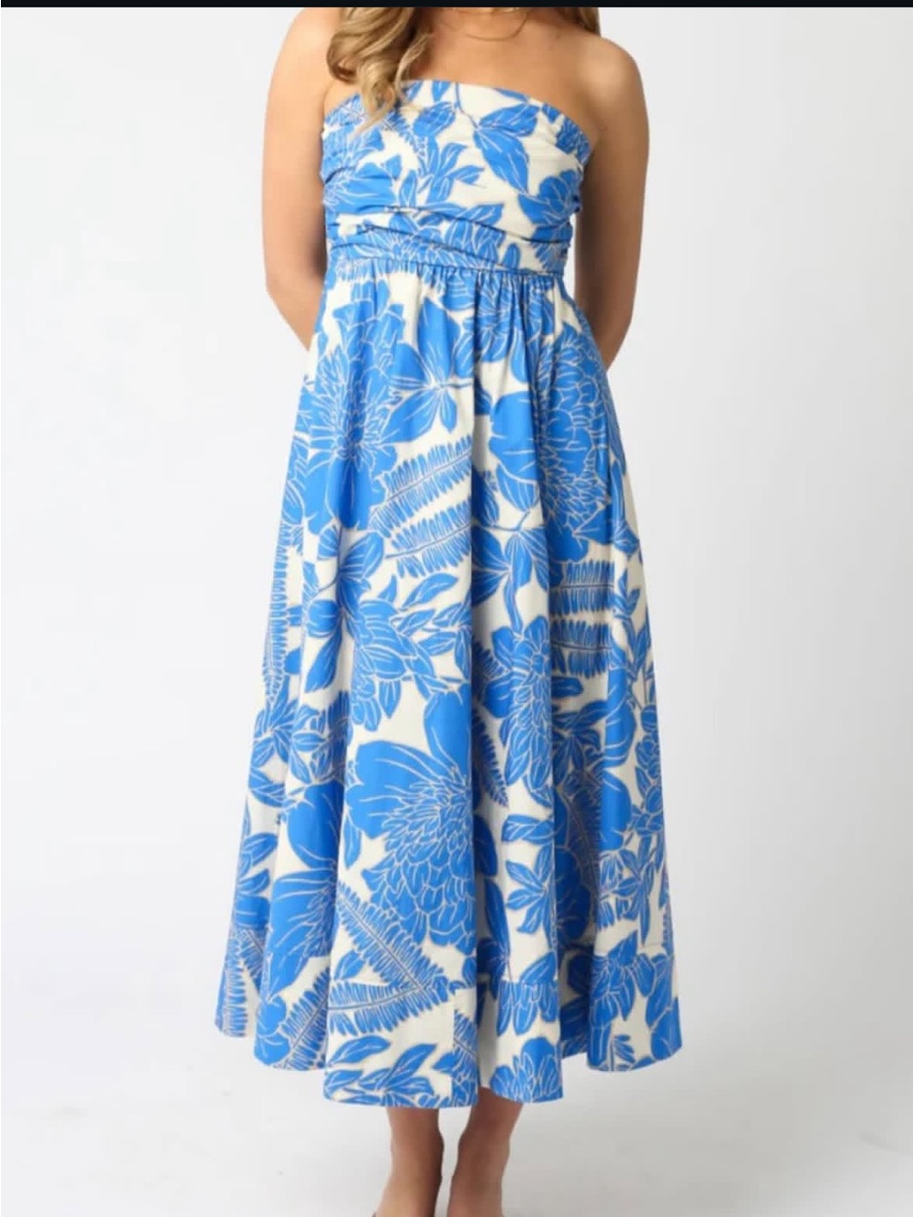 Blue & White Strapless Floral Maxi Dress